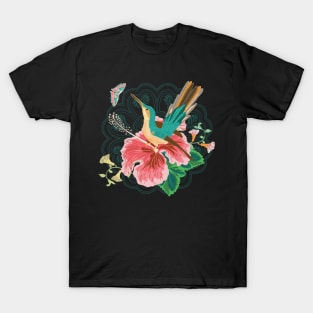 Hummingbird Hibiscus Butterfly with Lace Background T-Shirt